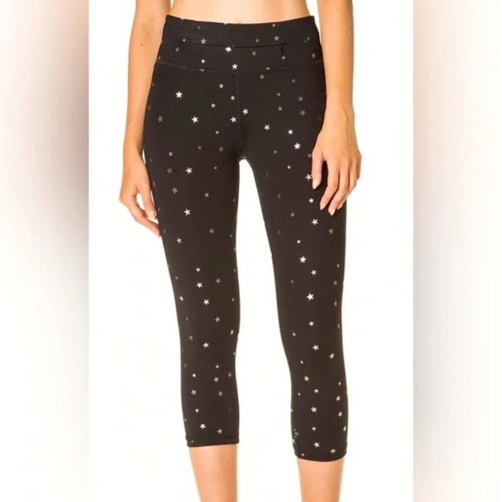 Nancy Rose Performance Black Gold Star Patterned Cropped Leggings Size 4‎